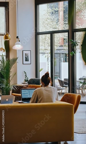 Modern workspace with a woman working on a laptop