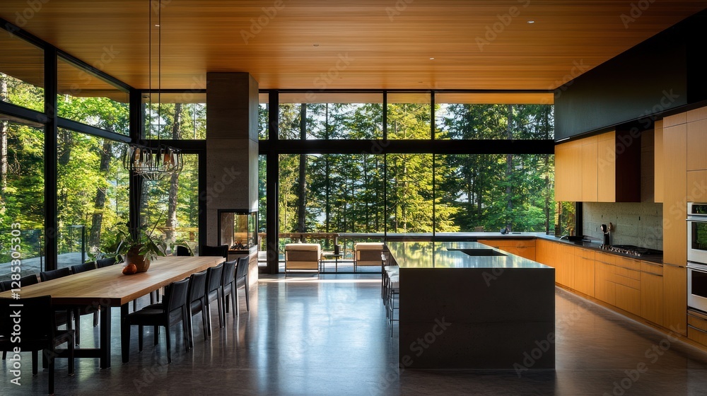 Modern kitchen with large windows overlooking a forest. Modern kitchen with large windows overlooking a forest.