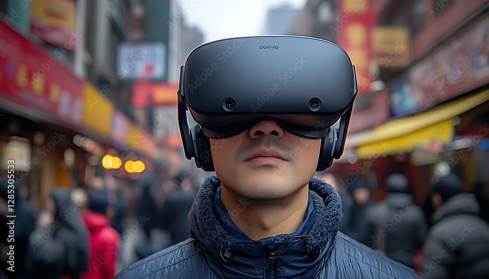 A person wearing a virtual reality headset in a crowded city A person wearing a virtual reality headset in a crowded city