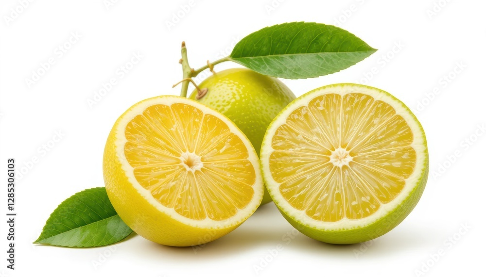 Freshly Cut Citrus Fruits Showcasing Bright Yellow and Green Lemons With Leaves on a White Background Freshly Cut Citrus Fruits Showcasing Bright Yellow and Green Lemons With Leaves on a White Background