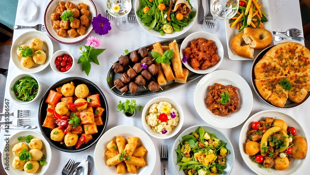 Top-Down View of a Restaurant Table Filled with Gourmet Georgian Cuisine Top-Down View of a Restaurant Table Filled with Gourmet Georgian Cuisine
