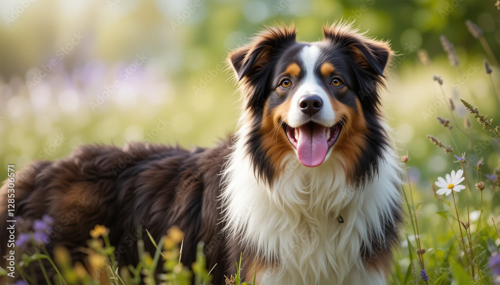 Fototapeta premium Australian Shepherd Dog in a Wildflower Field - A Vibrant Outdoor Scene