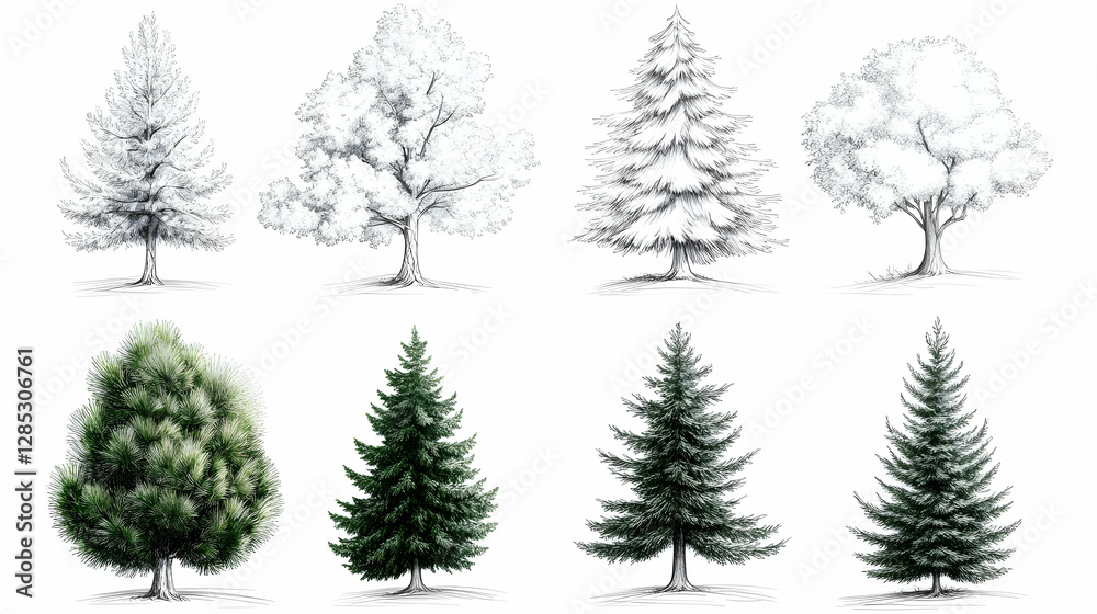 Pencil sketch and color illustrations of various trees Pencil sketch and color illustrations of various trees
