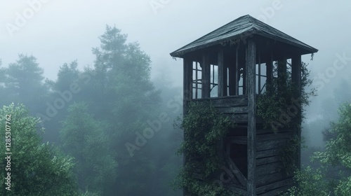 Misty Forest Watchtower Surrounded by Lush Greenery at Dawn