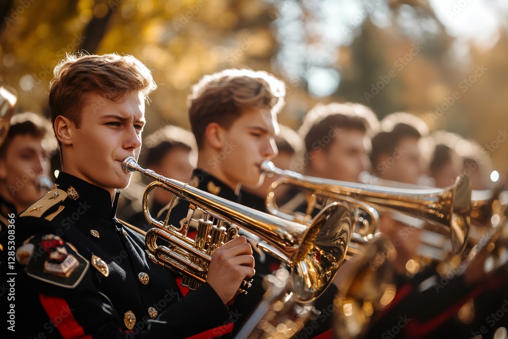 Obraz premium Marching band musicians playing trumpets during a parade