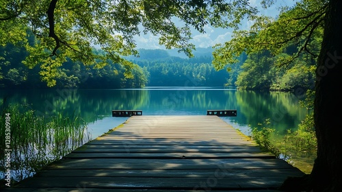 Tranquil Lake View with Dock Surrounded by Lush Green Trees : Generative AI