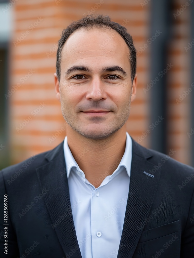 Confident businessman with a warm smile standing outside a modern office building : Generative AI Confident businessman with a warm smile standing outside a modern office building : Generative AI