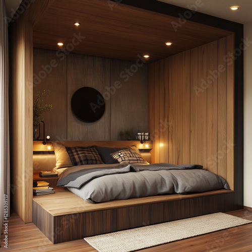 Modern room design in coffee color and using natural wood 