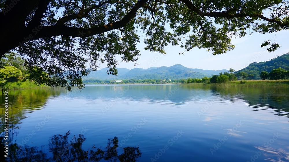 Fototapeta premium Serene Lake View Surrounded by Lush Greenery and Majestic Mountains Under a Clear Blue Sky : Generative AI