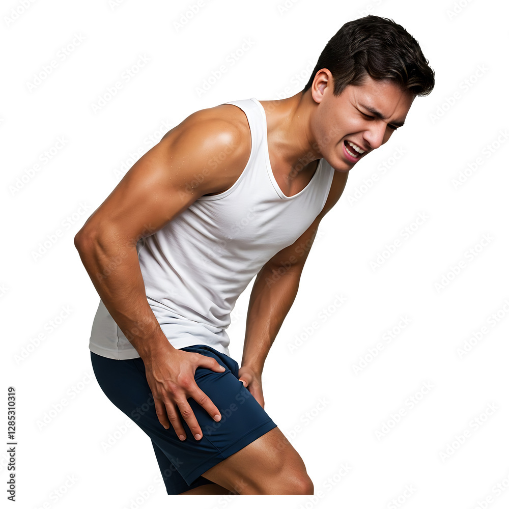 Athlete suffering intense groin muscle pain.