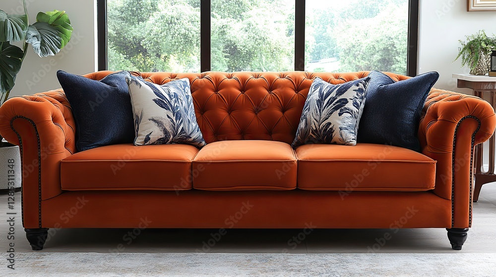 Fototapeta premium orange velvet sofa with a tufted back and plush cushions, perfect for adding a vibrant touch to any living space Its elegant design and rich color, perfect for relaxing and socializing