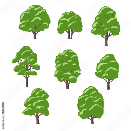 vector drawing set of trees and shrubs with green foliage isolated at white background, hand drawn illustration