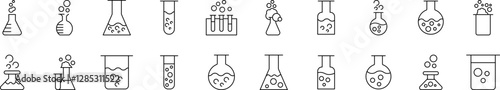Pack of Laboratory Flask Related Line Icons. Outline Signs for Graphic and Web Design, Apps, Adverts, Various Cards