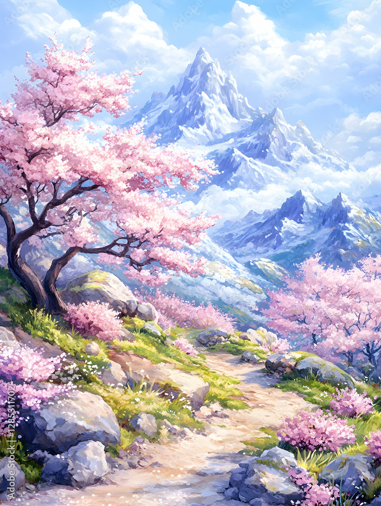 Spring mountain path, cherry blossoms, scenic view, peaceful hike Spring mountain path, cherry blossoms, scenic view, peaceful hike