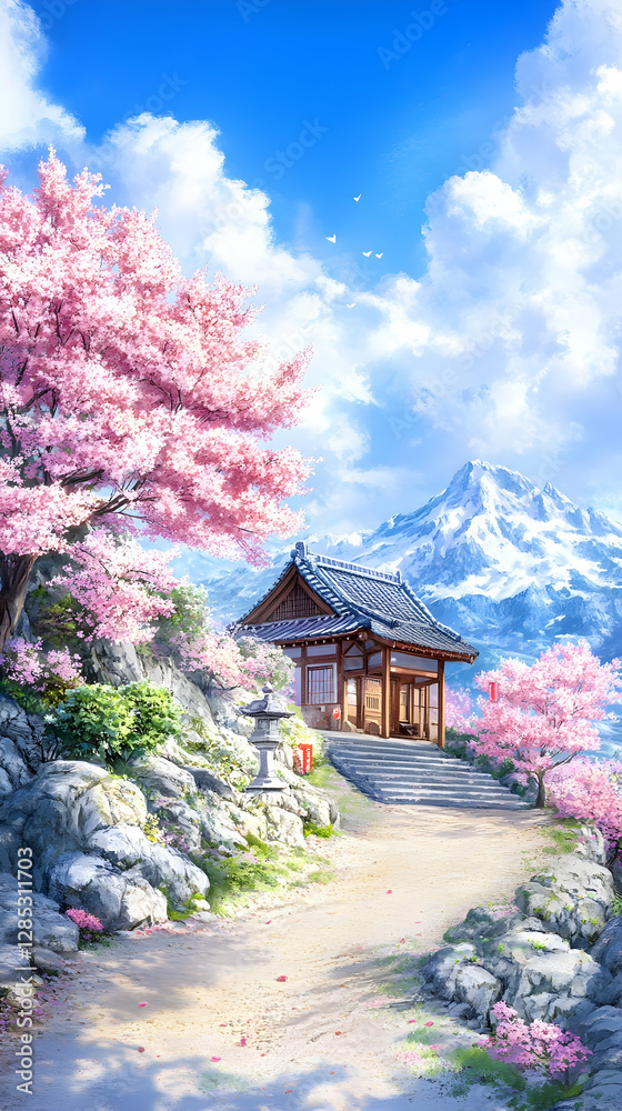Springtime serenity Mountain temple path amidst cherry blossoms Springtime serenity Mountain temple path amidst cherry blossoms