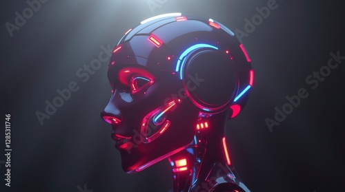 Futuristic 3d cyborg robot head illustration with a technological brain design