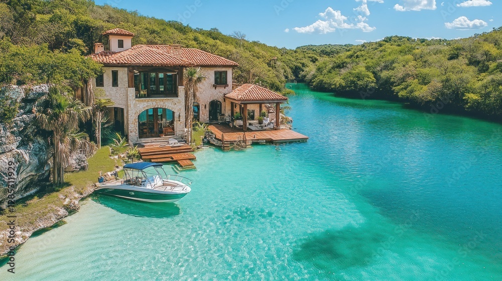 Scenic waterfront villa with a boat and lush greenery. Scenic waterfront villa with a boat and lush greenery.
