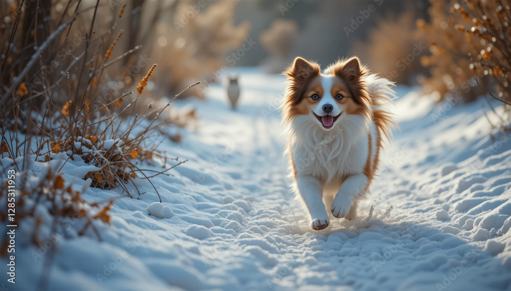 Dog and Cat Walking on Snowy Path in Forest Dog and Cat Walking on Snowy Path in Forest