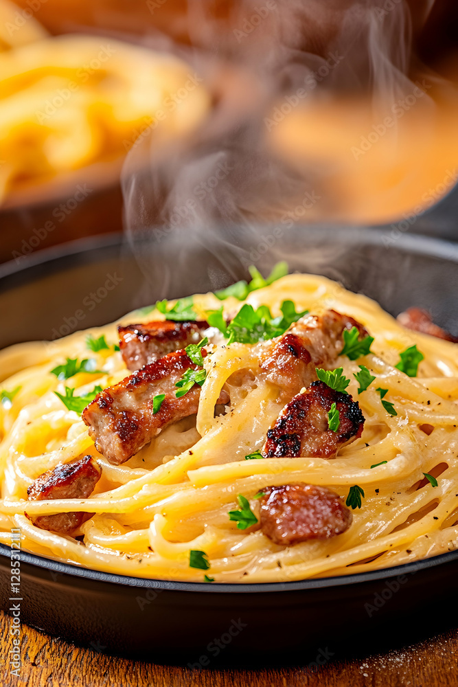 Fototapeta premium Steaming Carbonara pasta dish, close-up