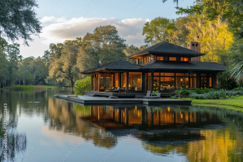 Modern wooden house reflecting on a lake at sunset in a peaceful natural environment Modern wooden house reflecting on a lake at sunset in a peaceful natural environment