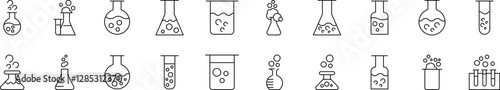 Laboratory Flask Thin Line Icon Set. Outline Signs for Graphic and Web Design, Apps, Adverts, Various Cards