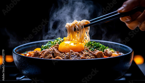 Steaming noodles lifted with chopsticks from rich broth, egg yolk, meat