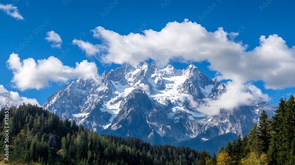Majestic Alpine Mountain Range with Snowy Peaks and Blue Sky : Generative AI Majestic Alpine Mountain Range with Snowy Peaks and Blue Sky : Generative AI