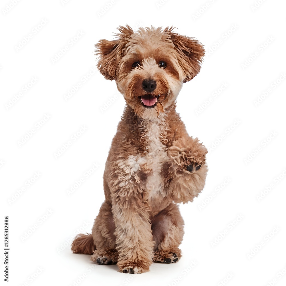 A photo of a happy, smiling, and intelligent purebred Toy Poodle sitting and giving its paw. The dog is on a white background generated by AI A photo of a happy, smiling, and intelligent purebred Toy Poodle sitting and giving its paw. The dog is on a white background generated by AI