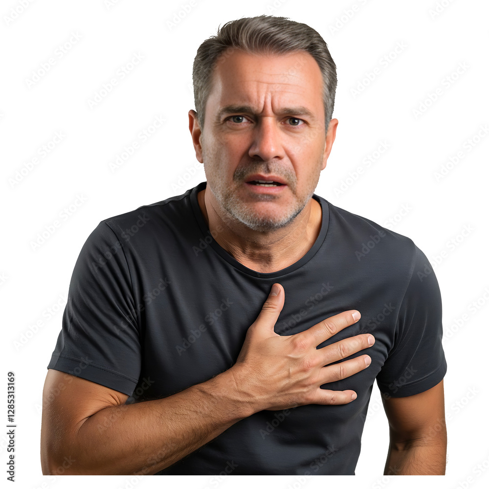 Man experiencing sudden chest discomfort. Man experiencing sudden chest discomfort.