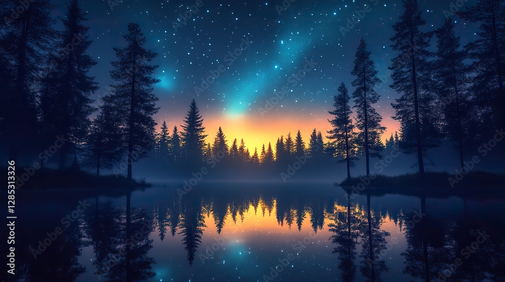 Fototapeta premium A magical forest at night with a sky full of shooting stars and the aurora borealis reflected in a lake, creating a breathtaking and awe-inspiring scene