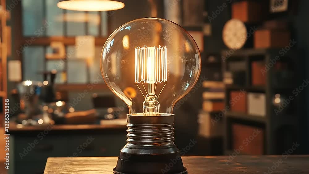 Vintage light bulb glowing warmly in a cozy workspace, surrounded by rustic decor and tools
