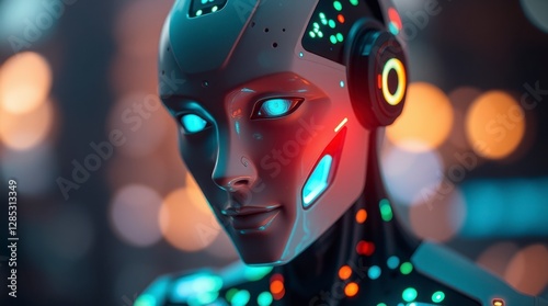 A close-up look at a robot DJ's face with a futuristic mask over its expressive eyes as it works a mixer