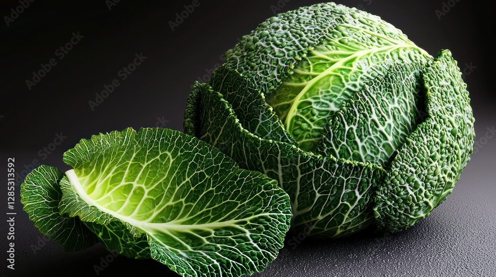 Fototapeta premium Fresh green cabbage with textured leaves, placed on a dark surface, highlighting its natural beauty