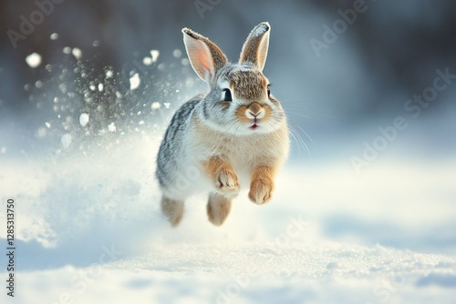 Wild rabbit jumping on snow in winter photo