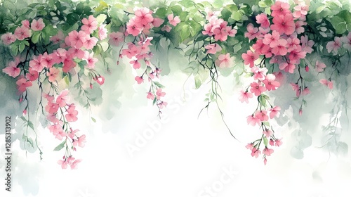 A serene watercolor illustration of pink flowers and green foliage, creating a tranquil atmosphere.