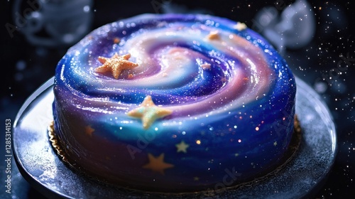 Stunning Galaxy-Themed Cake with Star Toppers on a Dark Setting