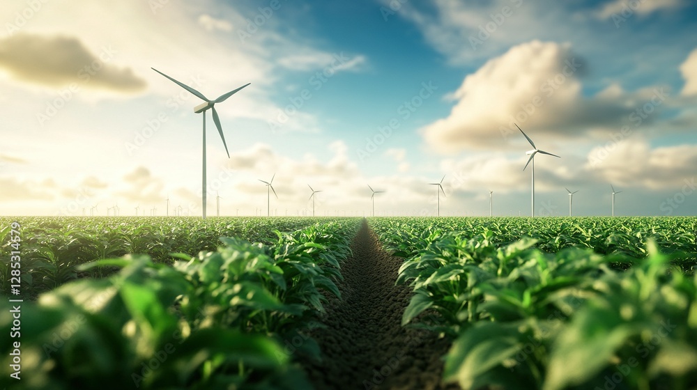 Sustainable Greenhouse with Wind Turbines, merging renewable energy and innovative agriculture, a testament to eco-friendly technology.