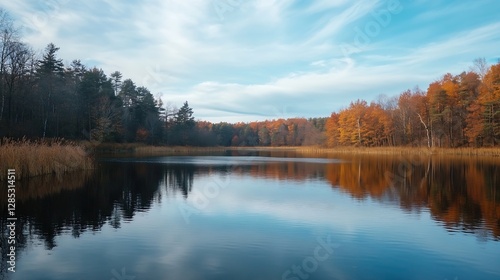 Tranquil autumn lake landscape with vibrant fall foliage reflecting on calm waters : Generative AI
