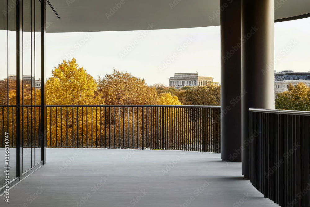 Fototapeta premium View of autumn foliage and historic building from modern architectural balcony at sunset