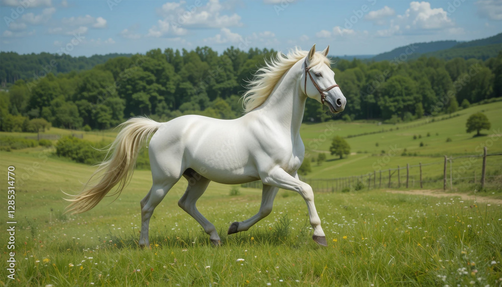 White Horse Running Through Green Field White Horse Running Through Green Field