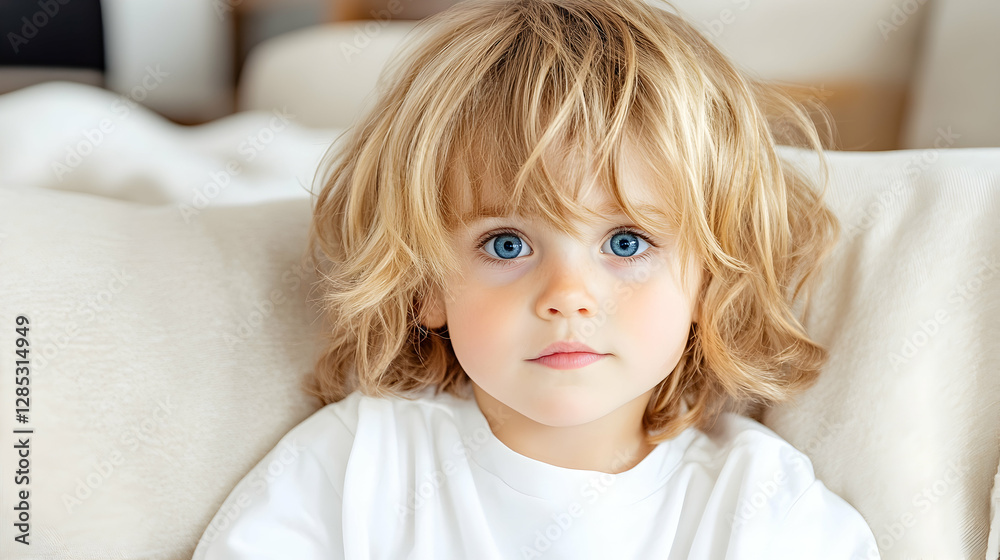 Toddler boy, blue eyes, home sofa, relaxed background, family portrait Toddler boy, blue eyes, home sofa, relaxed background, family portrait
