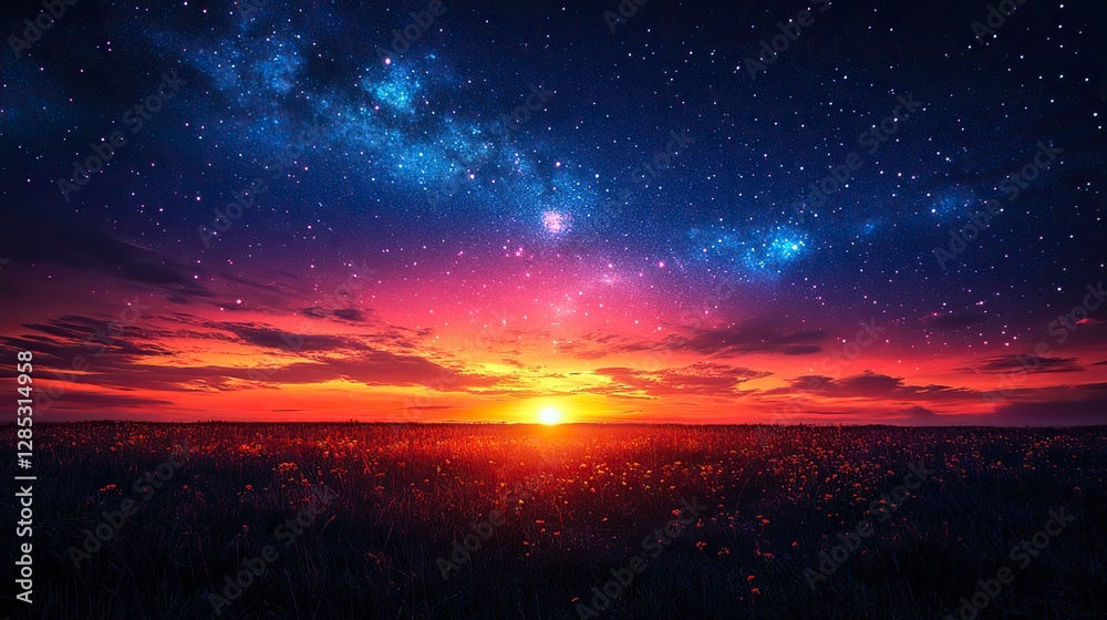 Fototapeta premium A magical sunset with shooting stars and the aurora borealis, creating a breathtaking and awe-inspiring scene perfect for nature lovers and astronomy enthusiasts