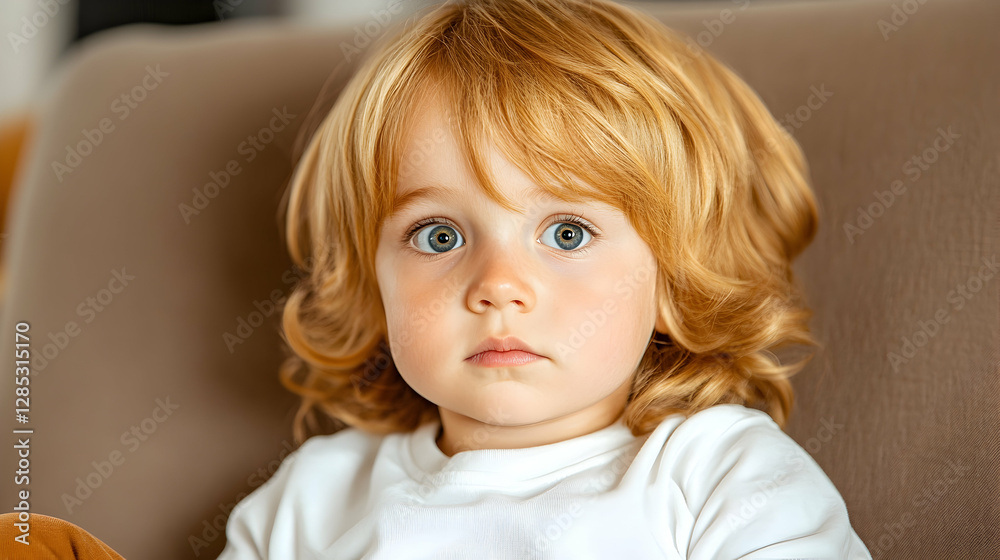 Toddler boy portrait, indoor, serious expression, comfy chair, family home Toddler boy portrait, indoor, serious expression, comfy chair, family home