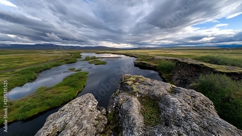Aerial View of a Scenic River Flowing Through Lush Green Fields Under Dramatic Clouds : Generative AI