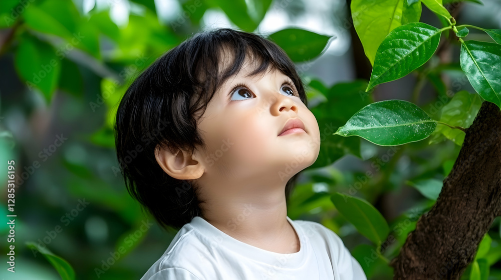 Toddler looking up, lush foliage background, outdoor playtime, nature exploration Toddler looking up, lush foliage background, outdoor playtime, nature exploration