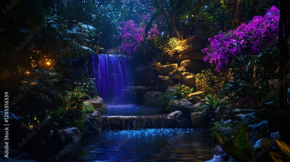 Obraz premium Enchanted Jungle Waterfall with Lush Foliage and Colorful Flowers