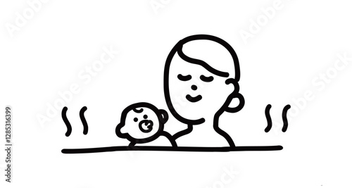 一緒にお風呂でリラックスするお母さんと赤ちゃんの手書きベクターイラスト