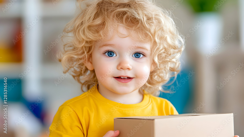 Toddler playing with box, home interior, happy Toddler playing with box, home interior, happy