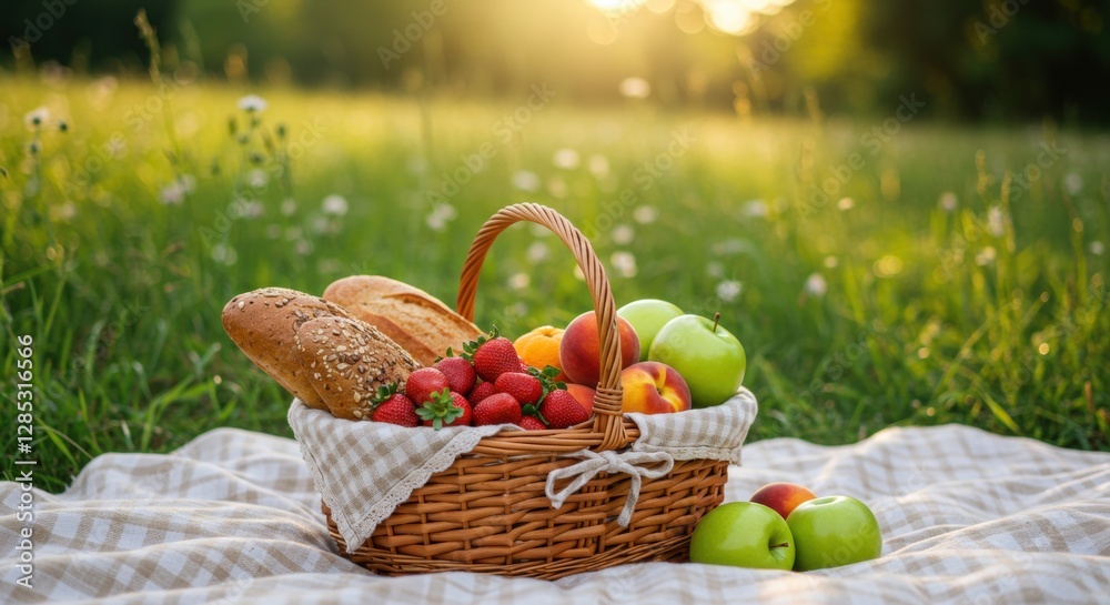 Picnic Basket Filled with Food on Blanket in a Sunny Meadow Picnic Basket Filled with Food on Blanket in a Sunny Meadow