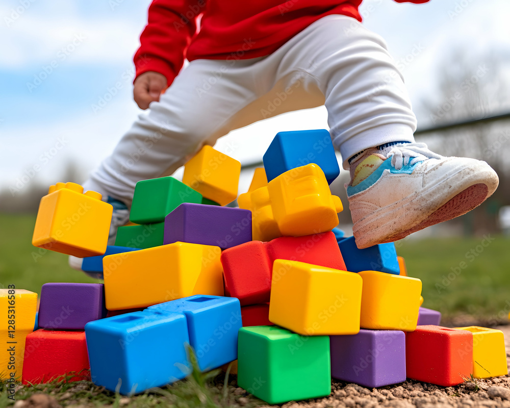 Naklejka premium Toddler playing with colorful blocks outdoors